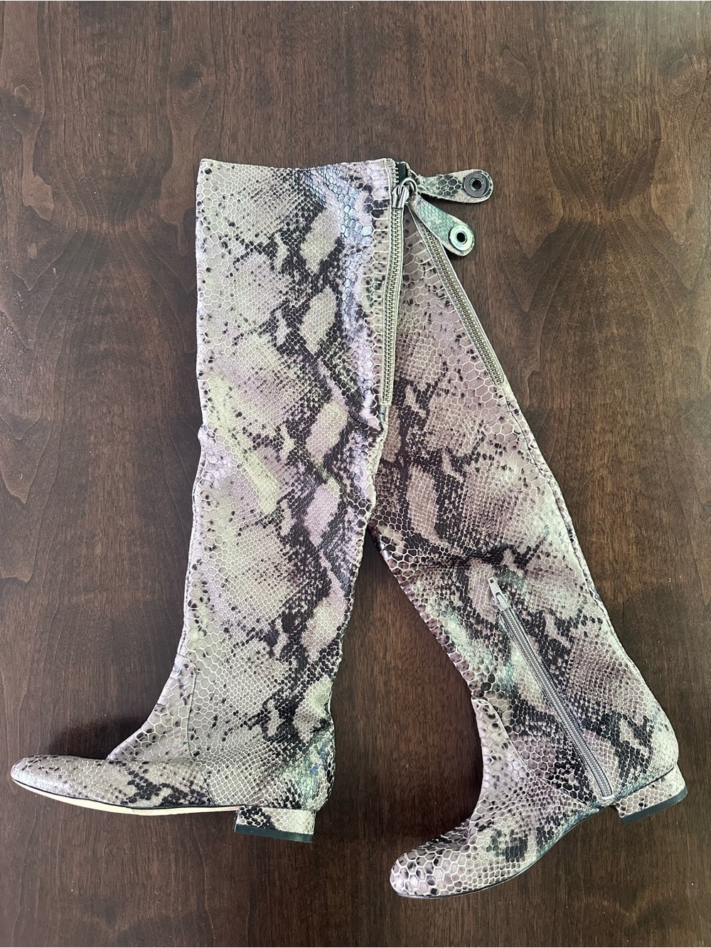 Bourne England Over the Knee Snake Print Boots Taupe Black Oversized Zipper 37 7